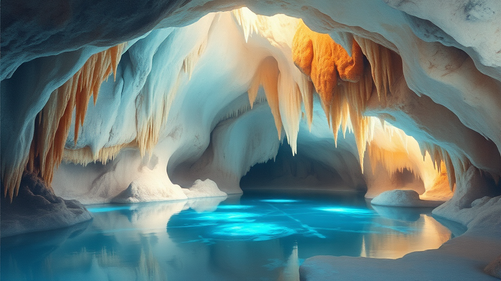 종유석과 석순의 향연: 성류굴 내부 탐험 (watercolor 스타일)