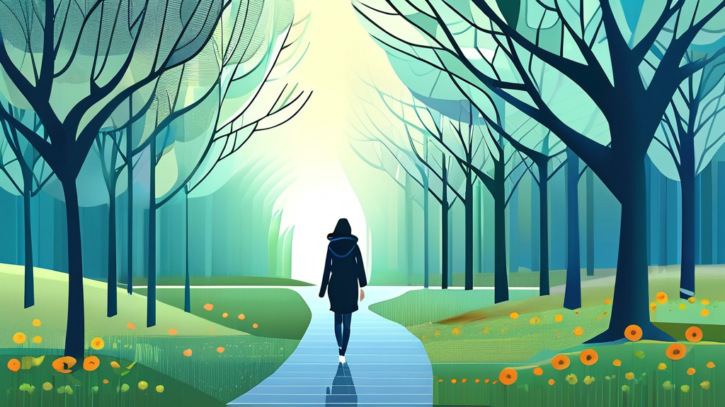 자연 속 힐링: 숲길의 싱그러움과 사색의 시간 (illustration 스타일)