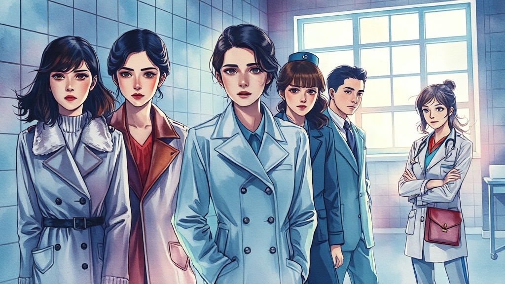 해들병원 인물 관계 및 갈등 (watercolor 스타일)