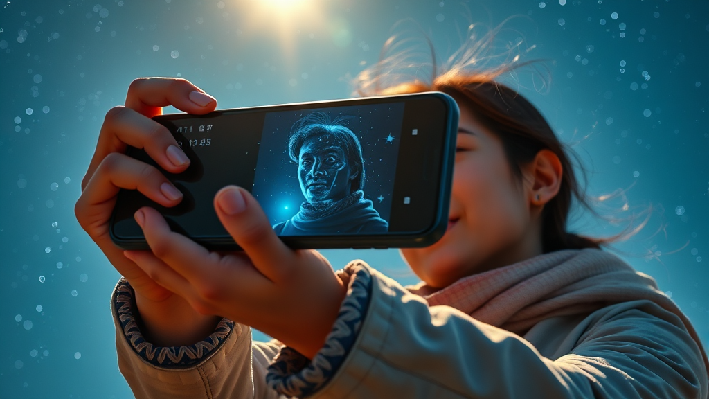 카메라 시스템: 2억 화소부터 AI 기능까지 (realistic 스타일)