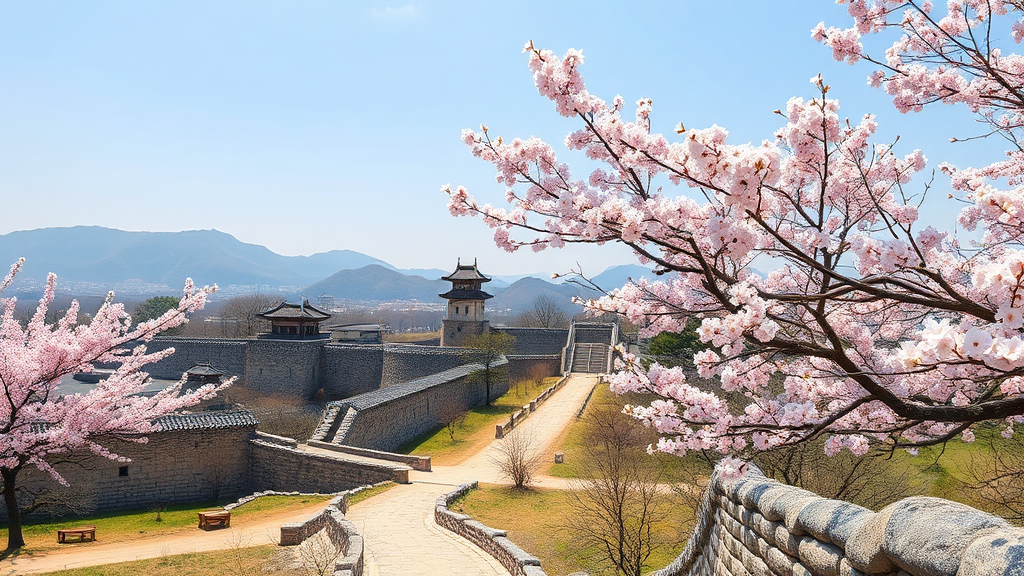 공주 백제 유적지: 역사와 자연이 어우러진 봄 여행 (realistic 스타일)