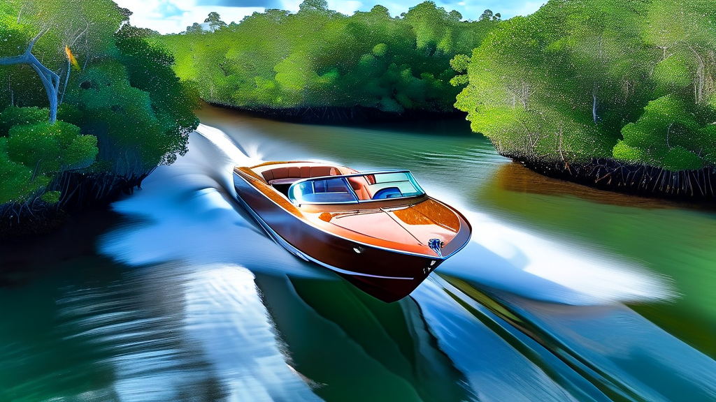 스피드 보트 질주: 짜릿한 속도로 정글 수로를 가르다 (realistic 스타일)