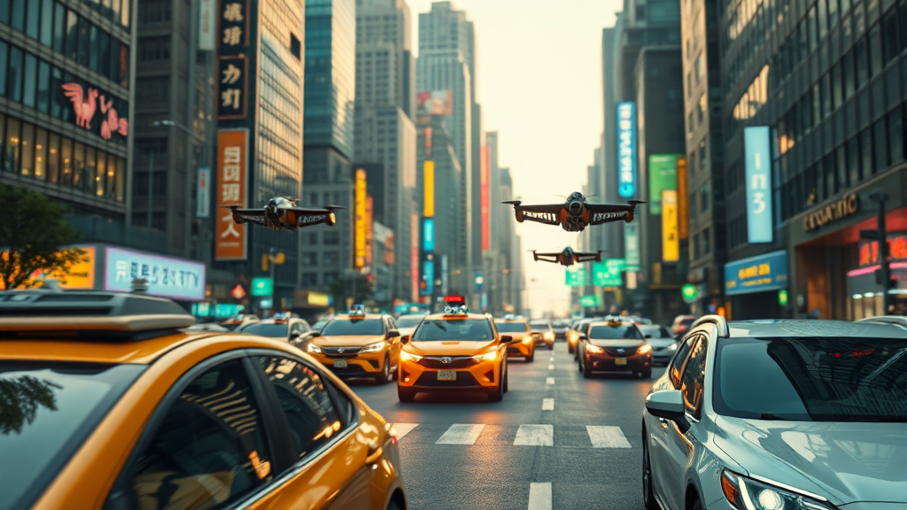 미래 모빌리티: 하늘을 나는 택시 (realistic 스타일)