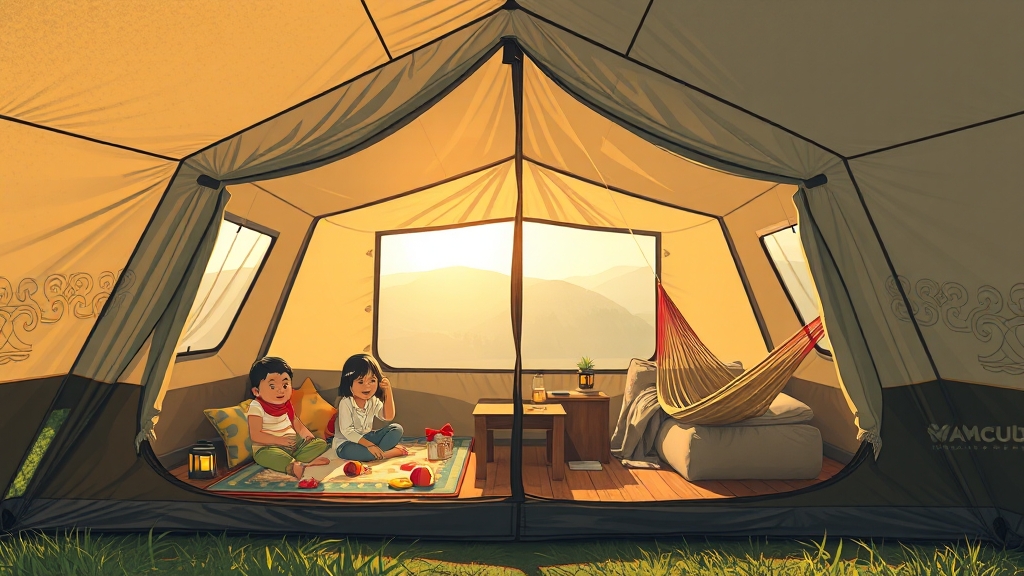 가족 캠핑 활용 및 편의 기능 (illustration 스타일)