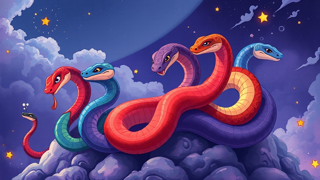 뱀 꿈: 색깔별 의미 (cartoon 스타일)