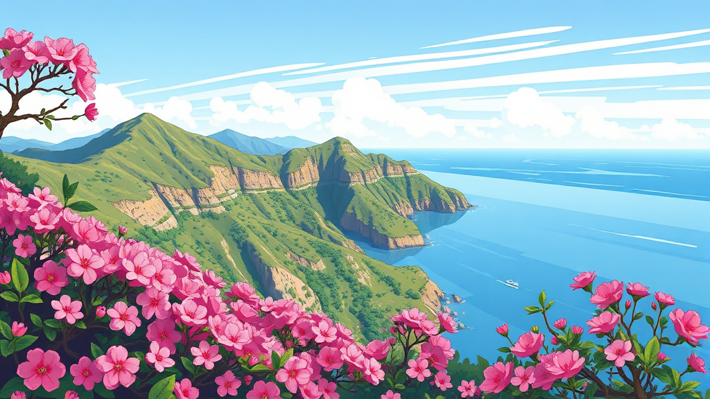 여수 영취산 진달래: 봄의 절경을 만나다 (cartoon 스타일)