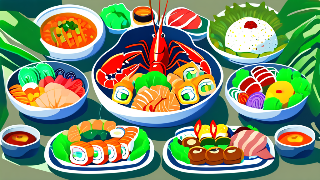 랍스터 외에도 즐길 수 있는 풍성한 뷔페 메뉴 구성 (cartoon 스타일)