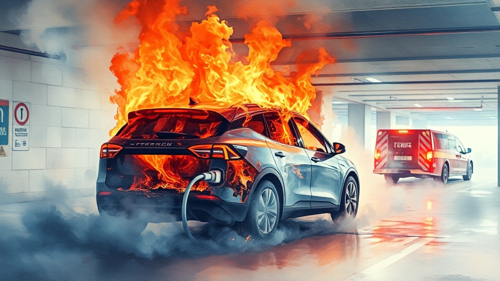 전기차 충전 중 화재 사고 발생 (watercolor 스타일)