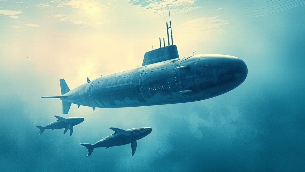 핵잠수함 vs 재래식 잠수함 (watercolor 스타일)