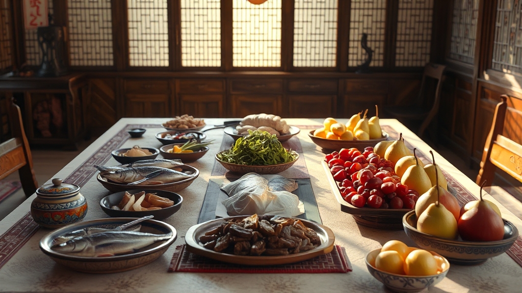 차례상 차리는 순서: 열별 음식 배치 (realistic 스타일)