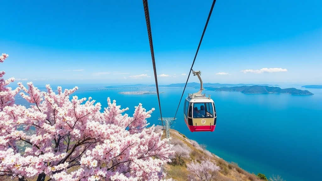 유달산 벚꽃 명소: 케이블카 타고 즐기는 벚꽃 풍경 (realistic 스타일)