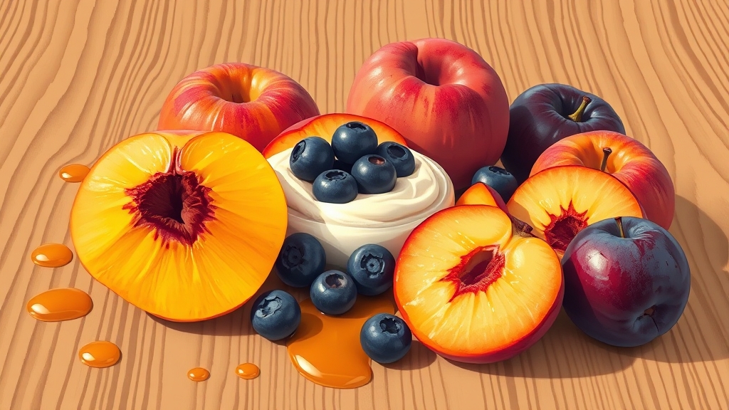 복숭아, 자두, 블루베리의 매력 탐구 (illustration 스타일)