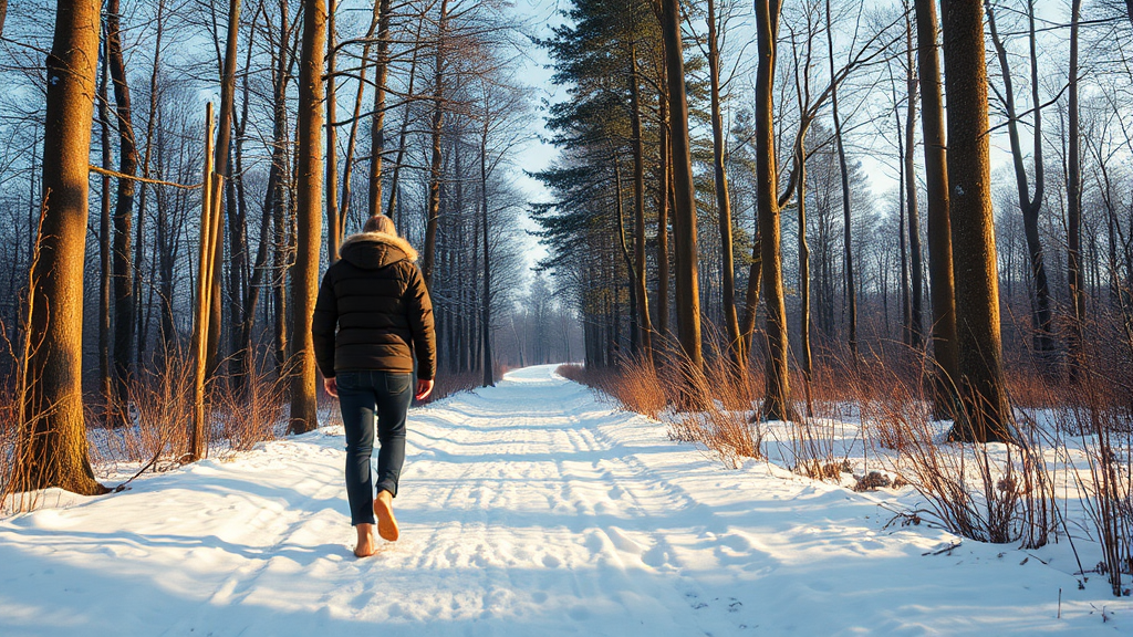 겨울철 맨발걷기 어려움 극복 (realistic 스타일)