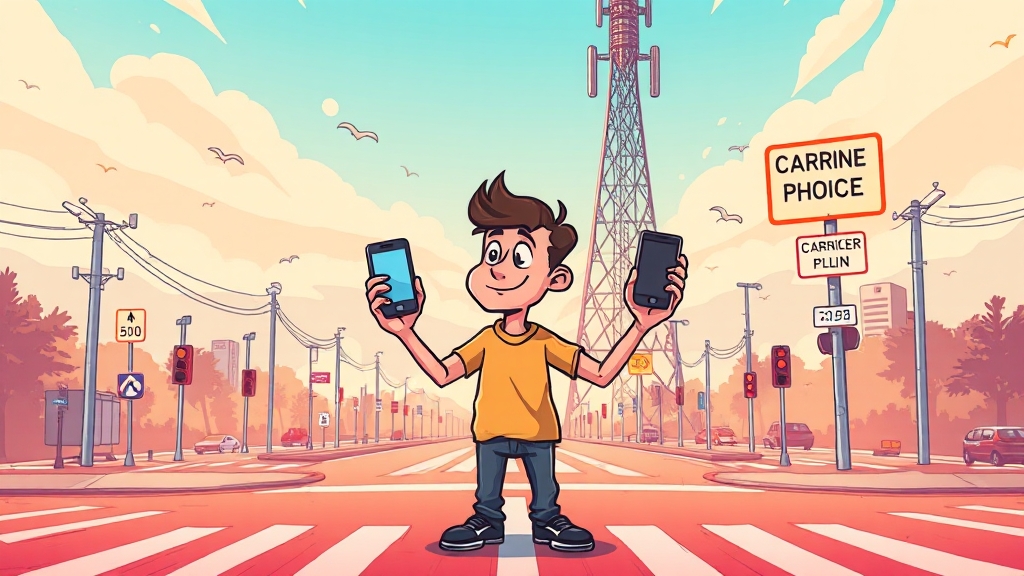 자급제폰 vs 통신사폰, 장단점 비교 (cartoon 스타일)