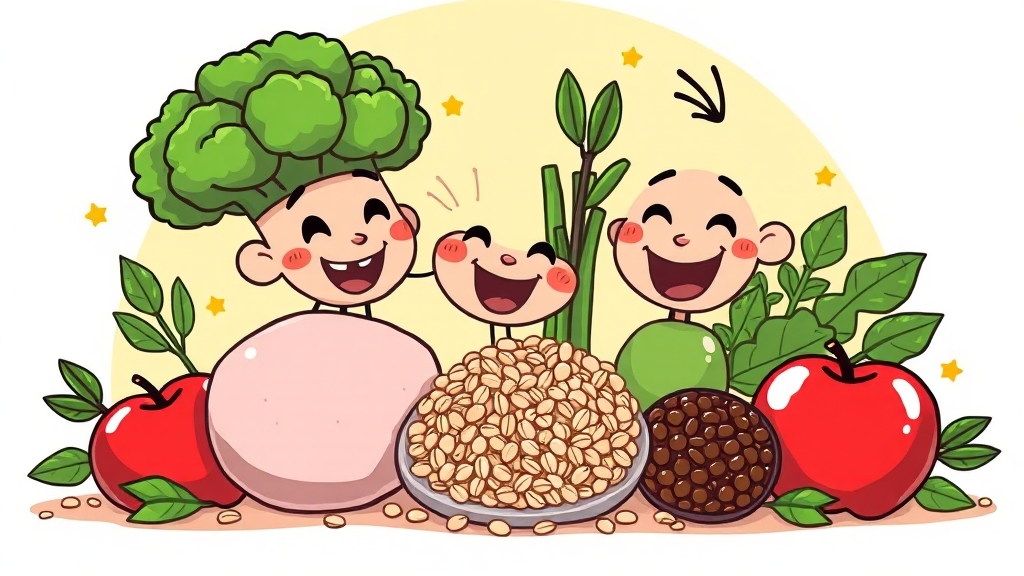 혈당 관리에 도움되는 식재료 (cartoon 스타일)