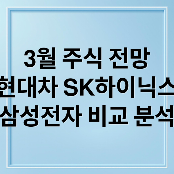 3월 주식 전망
현대차 SK하이닉스
삼성전자 비교 분석 (현대자동차 VS SK하이닉스 VS 삼성전자, 3월 가장 많이 오를 주식은? 매수 타이밍 총정리)
