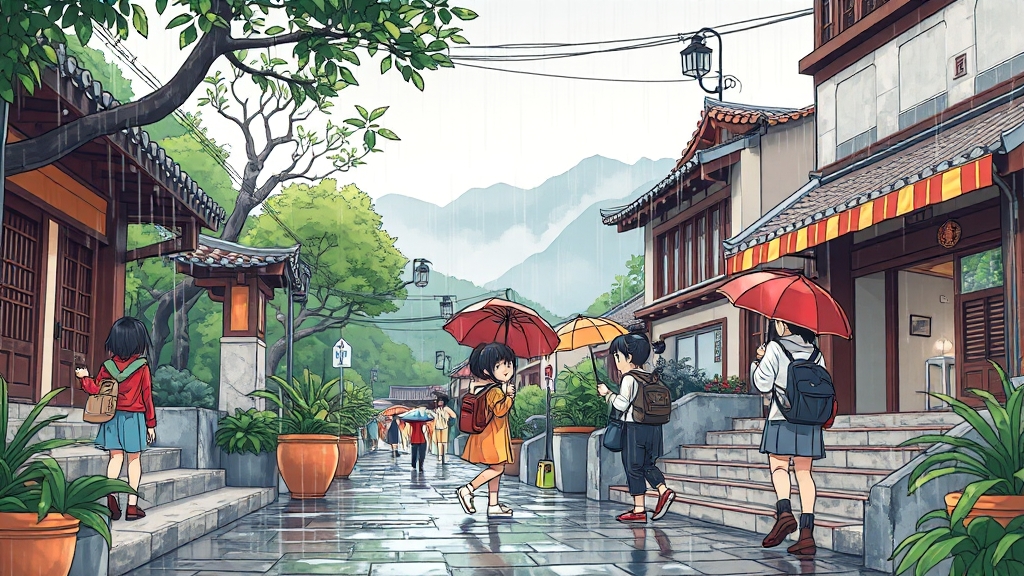 장마철 여행 시 고려사항 (cartoon 스타일)