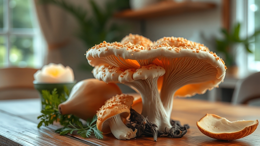 노루궁뎅이버섯 주요 효능 (realistic 스타일)