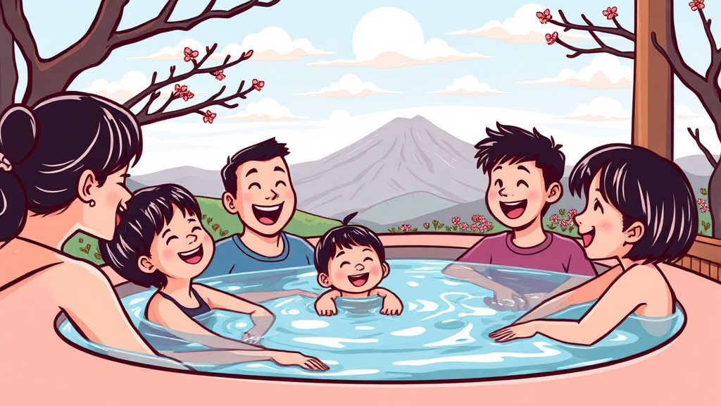 온천과 함께 즐기는 따뜻한 가족 여행 (cartoon 스타일)