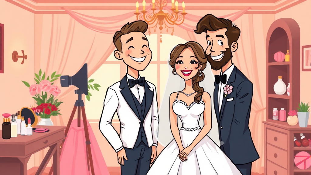 스튜디오, 드레스, 메이크업: 웨딩 필수 삼총사 상담 전략 (cartoon 스타일)