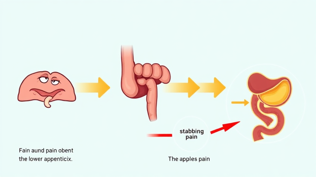 맹장염, 단계별 증상 변화 (cartoon 스타일)