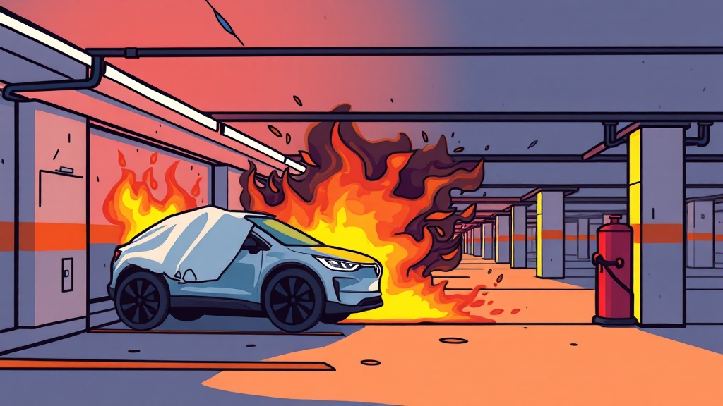 전기차 화재 대응 및 안전 대책 (cartoon 스타일)