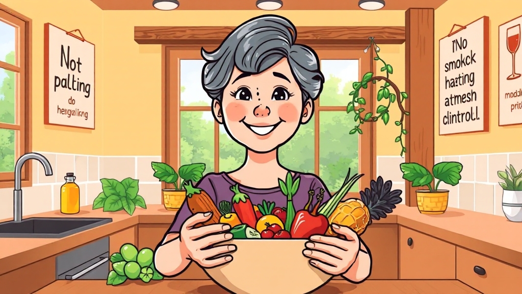 암 예방 및 관리, 건강한 생활 습관 (cartoon 스타일)