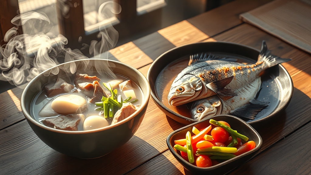 민어탕 & 박대구이 맛 비교 (realistic 스타일)