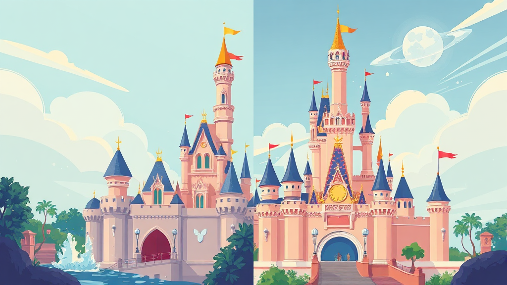 어떤 파크를 선택할까? 디즈니랜드 vs 디즈니씨 (illustration 스타일)