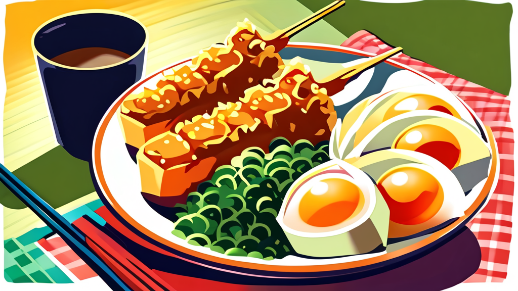 조식 및 주변 맛집 탐방: 오사카 미식 경험 (cartoon 스타일)