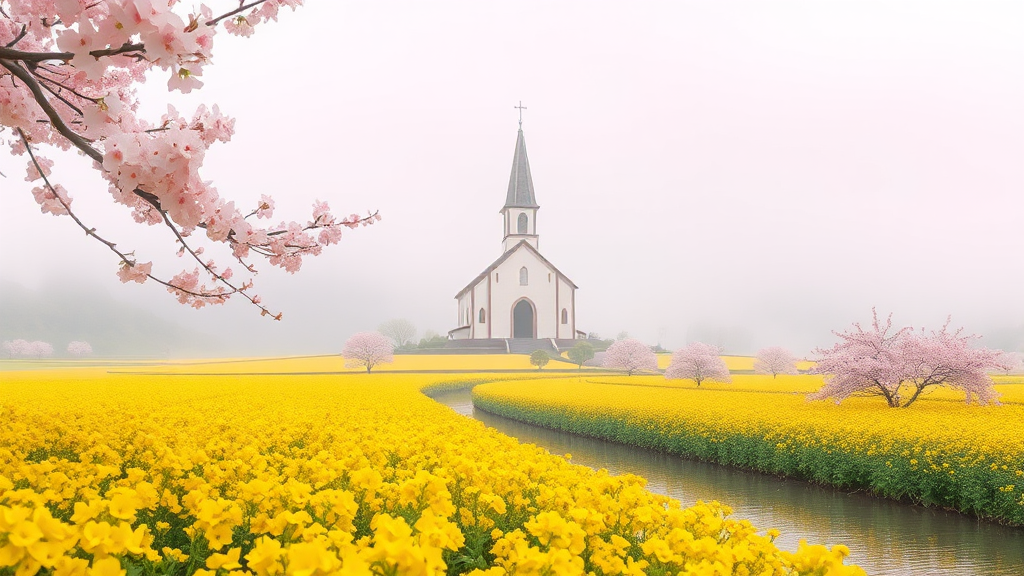 제주도: 유채꽃과 함께하는 봄의 시작 (watercolor 스타일)