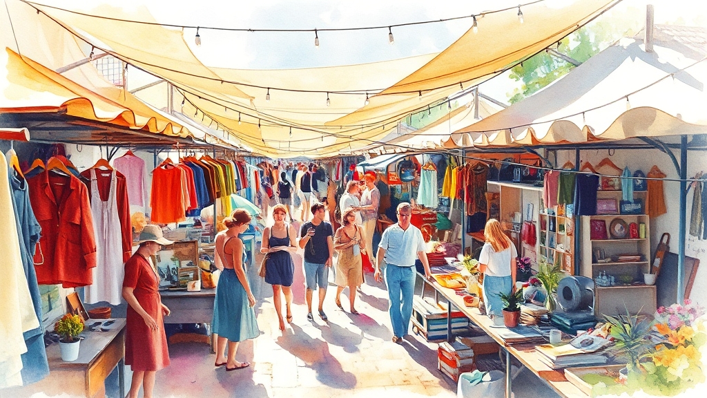 다양한 벼룩시장 유형 및 특징 (watercolor 스타일)