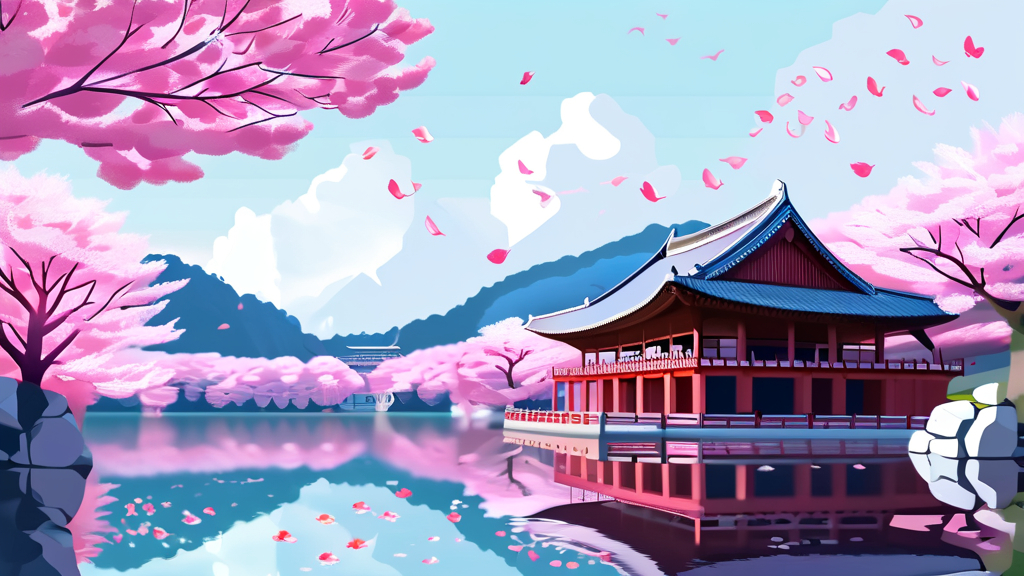 보문단지 & 보문정: 한국의 아름다움을 담은 벚꽃 명소 (illustration 스타일)