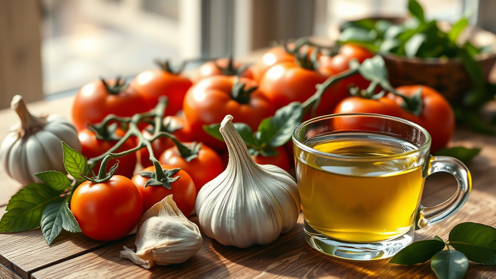 마늘, 토마토, 녹차: 항암 효과를 지닌 자연의 선물 (realistic 스타일)