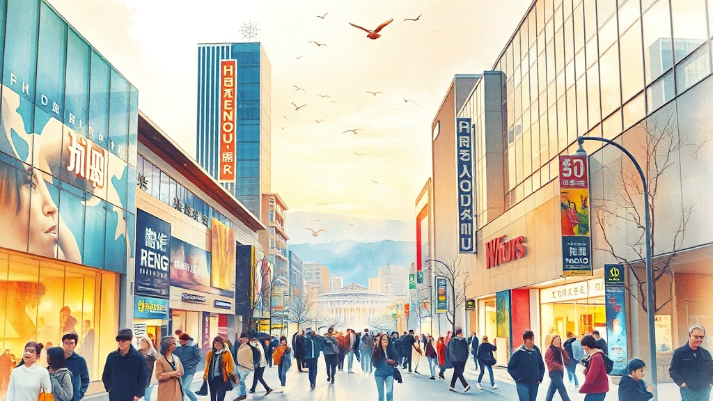 청주 센트럴 시티 주요 시설 변화 (watercolor 스타일)