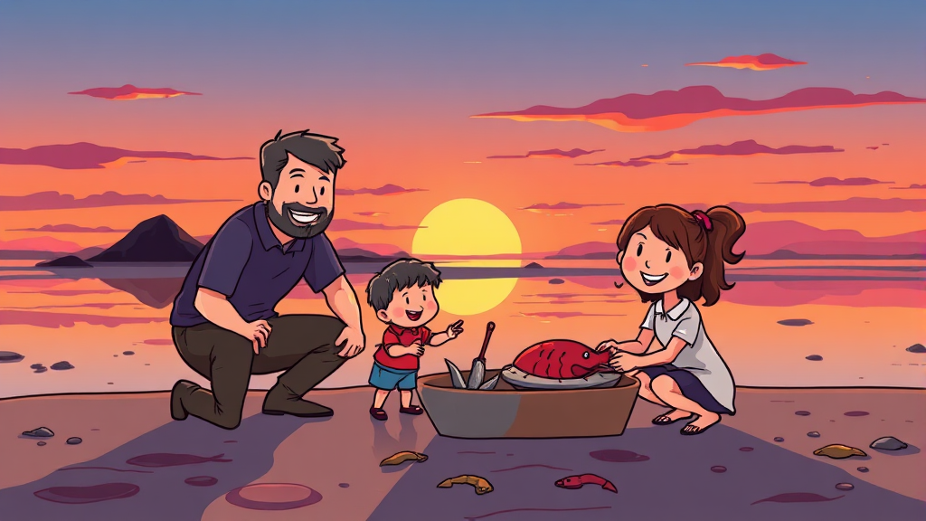 물때표 활용 꿀팁: 낚시, 해루질, 갯벌 체험 (cartoon 스타일)