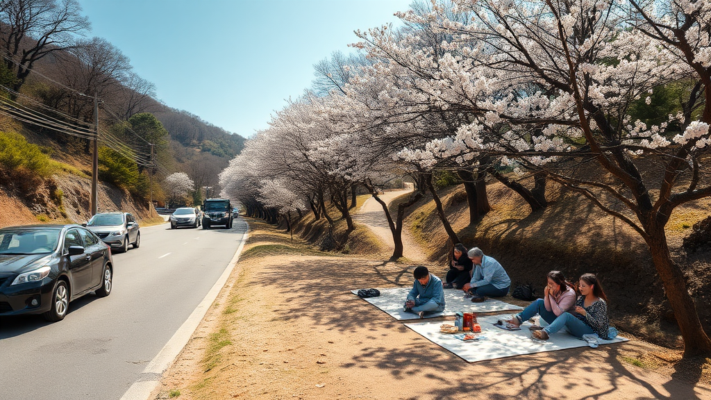 진주 매화숲 방문을 위한 실질적인 정보 (주차, 편의시설) (realistic 스타일)