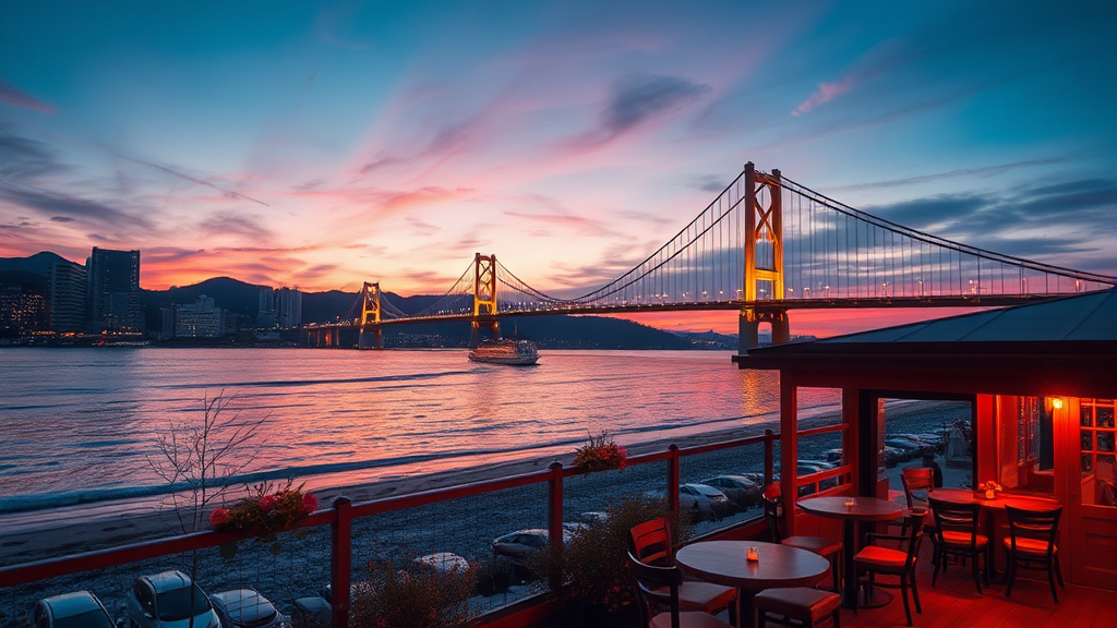 부산 일몰 명소: 해운대 & 광안리 (realistic 스타일)