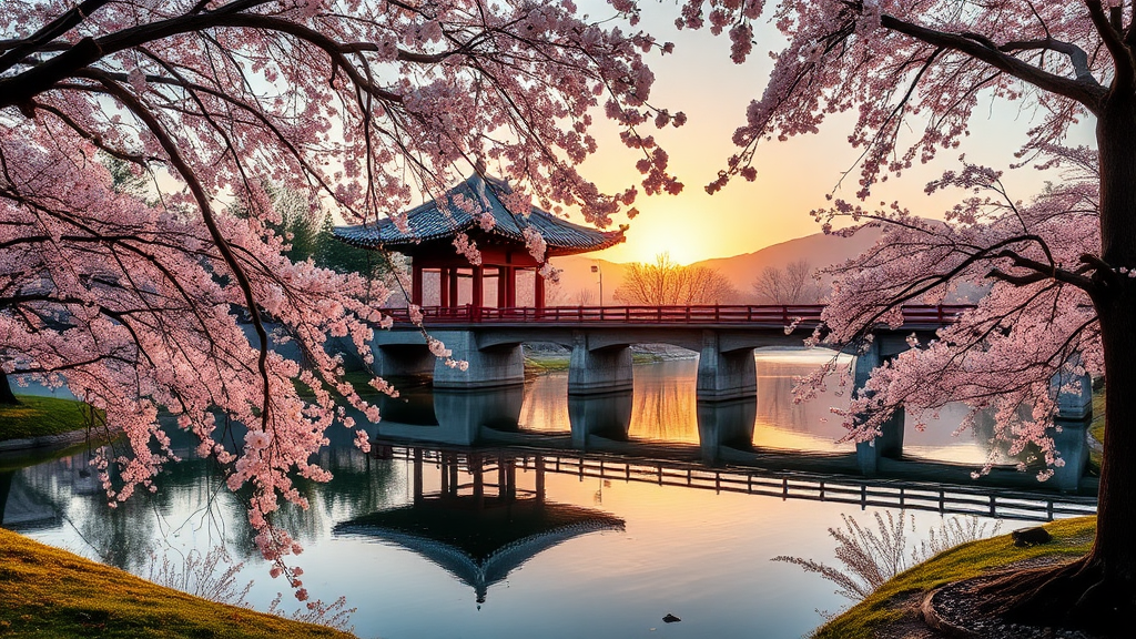 창녕 영산만년교: 동화 같은 수양벚꽃의 향연 (realistic 스타일)