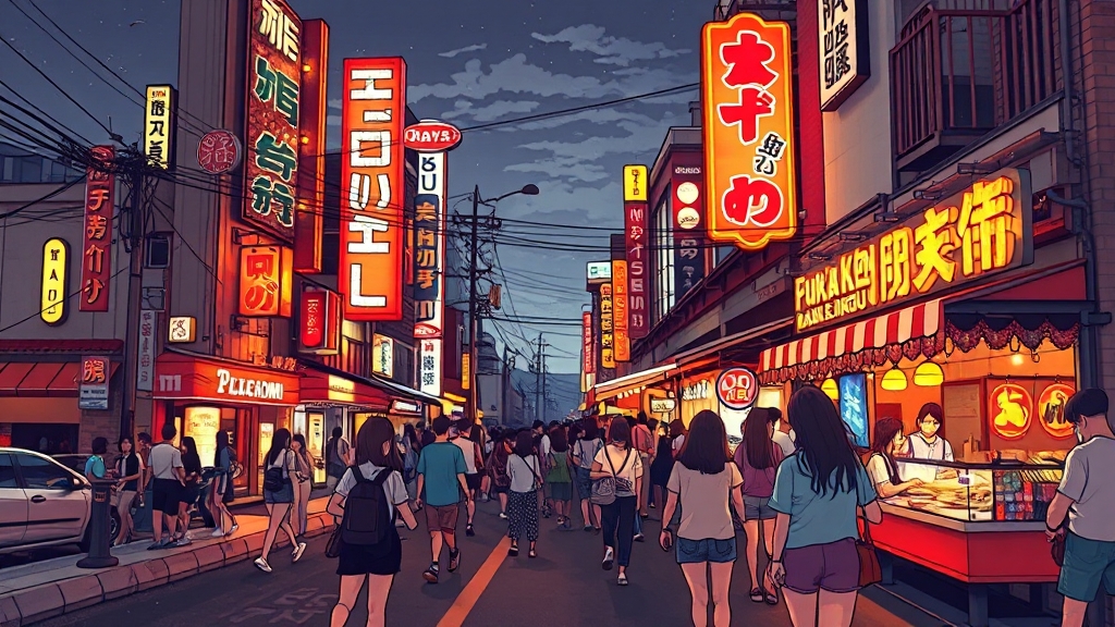 나카스: 후쿠오카 밤 문화의 중심 (cartoon 스타일)