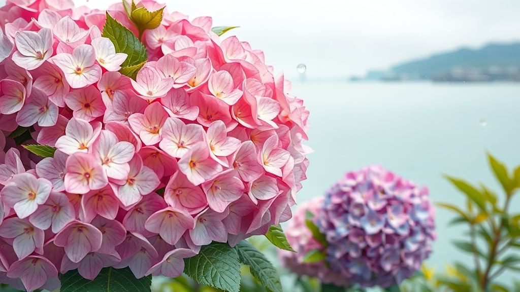 수국 개화 시기별 방문 시기 (illustration 스타일)