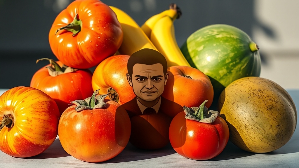 과일류(바나나·감·멜론)와 토마토의 조합은? (realistic 스타일)