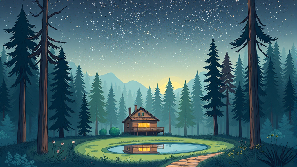 숙박 시설 안내: 숲속의 집 (illustration 스타일)