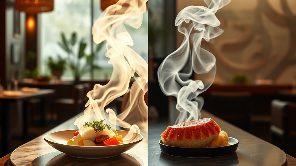 밍글스 vs 모수: 두 미슐랭 레스토랑 비교 분석 (realistic 스타일)