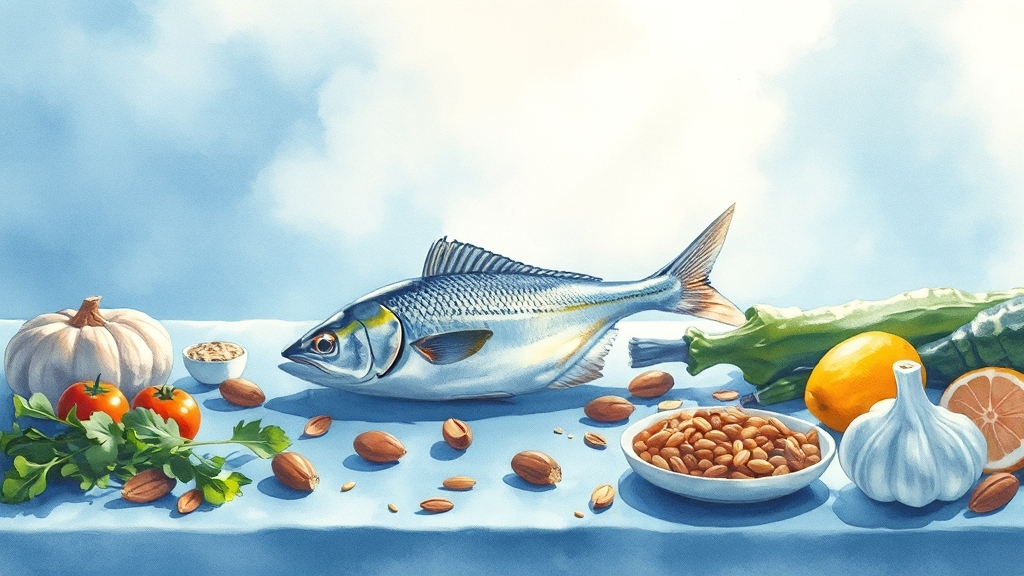 콜레스테롤 수치 개선 식품 (watercolor 스타일)