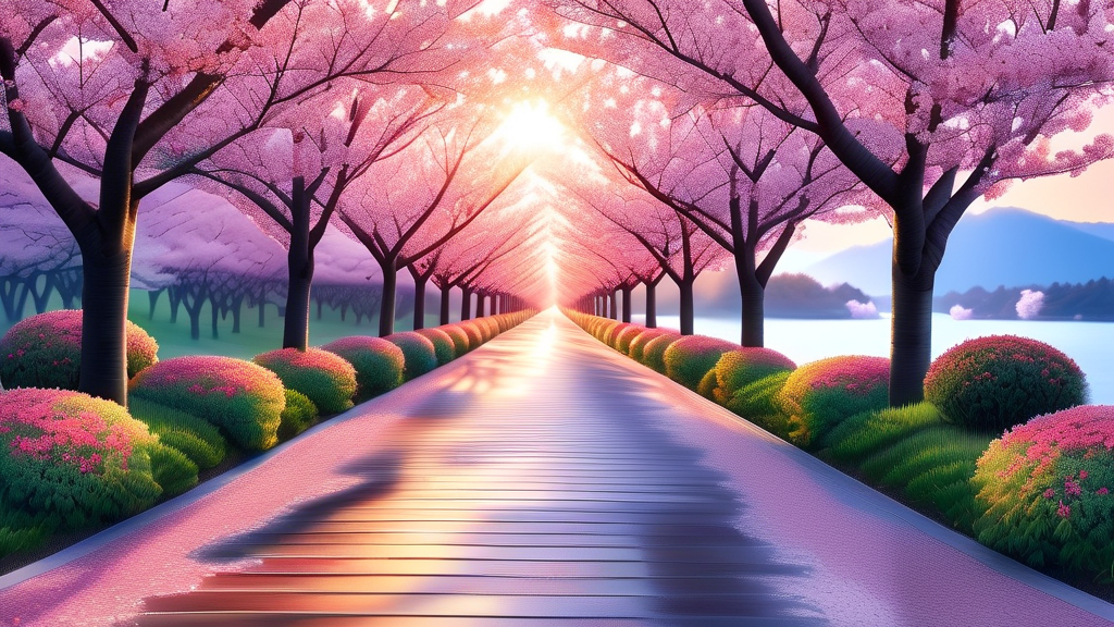 보은 보청천: 아름다운 벚꽃길 산책 (realistic 스타일)