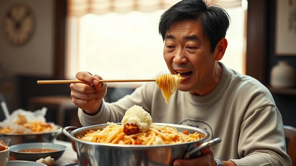 강호동의 레전드 먹방 재현: 2008년 ‘1박 2일’ 추억 (realistic 스타일)