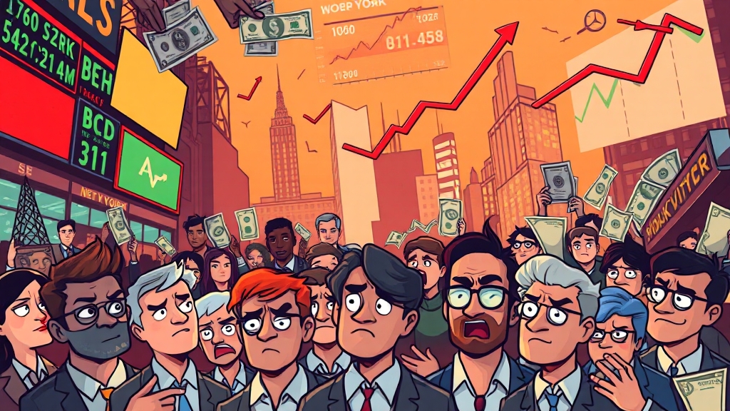 뉴욕 증시 혼조세, 기술주 약세 (cartoon 스타일)