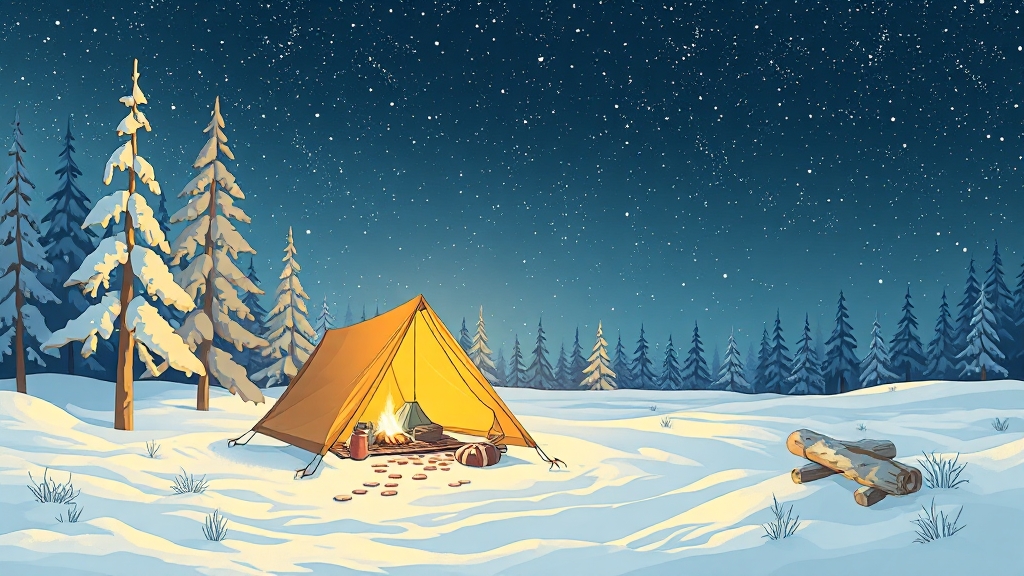 겨울 장박 캠핑 장소 선정 및 텐트 설치 (illustration 스타일)