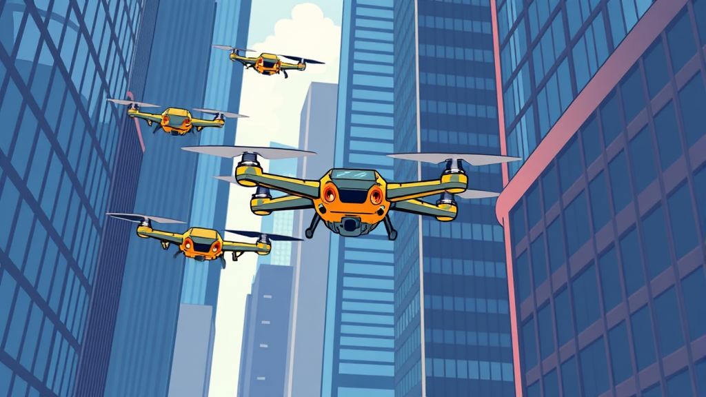 미래 비행체와 드론 택시: 하늘을 나는 이동 수단 (cartoon 스타일)